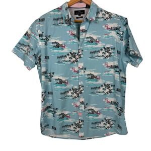 Michael Brandon Button Down Shirt Mens Large Blue Tropical Slim Fit Short Sleeve